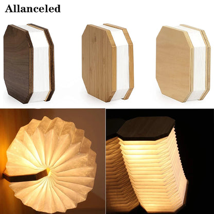Klairee: LED Accordion Night Light 3 Color USB Charge Wooden Book Decora Lighting
